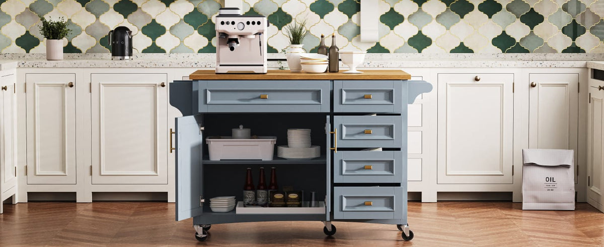 K&K 52" Kitchen Island - Drop Leaf, Blue Grey MDF