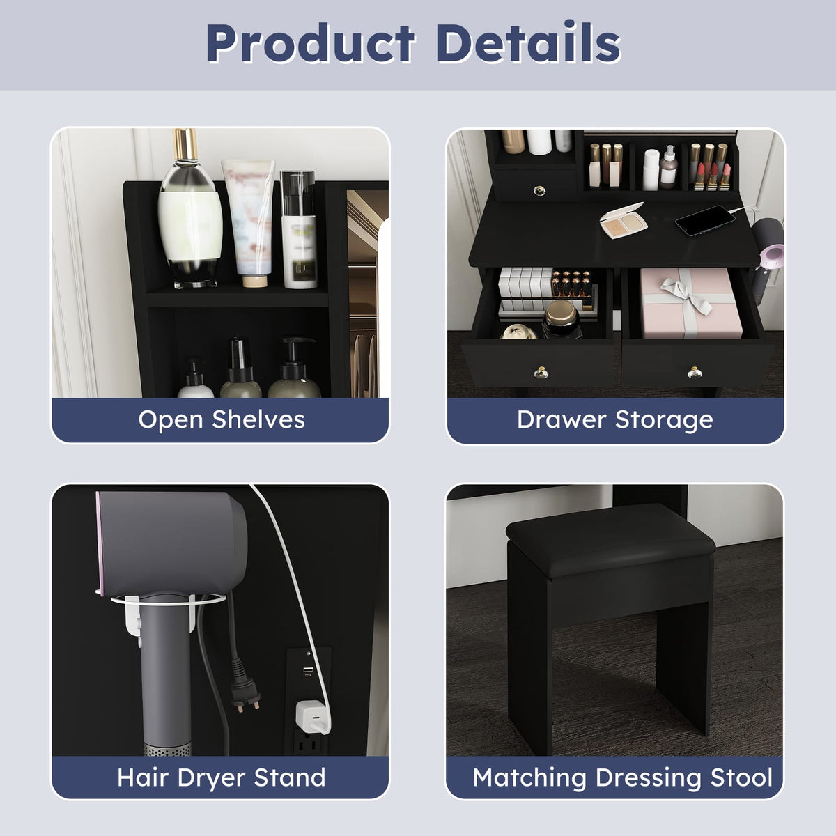 Black 3 Drawer Makeup Vanity with Chair - Bedroom Storage