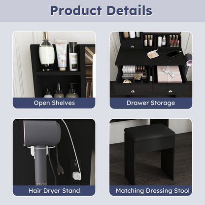 Black 3 Drawer Makeup Vanity with Chair - Bedroom Storage