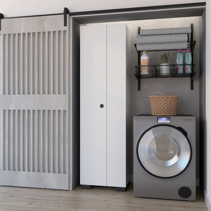 White Wood Storage Cabinet with Broom Shelves for Living Room