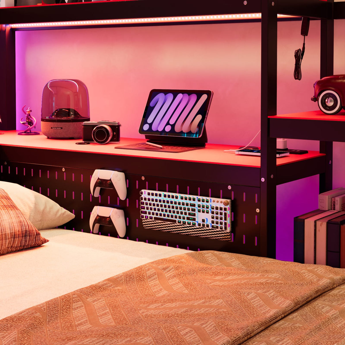 Twin Size Gaming Daybed Black+Red MDF Frame with LED Lights