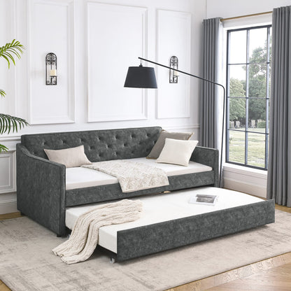 Comfortable Grey Daybed Sofa Bed with Trundle for Guest Storage