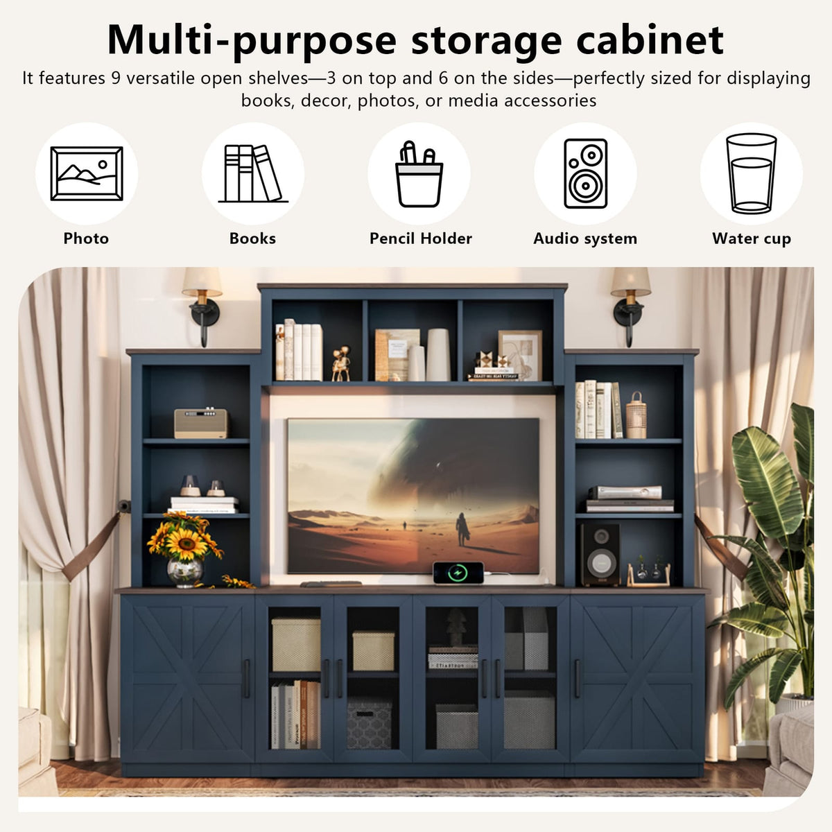 Blue MDF TV Stand with Storage - 87.6" Entertainment Center