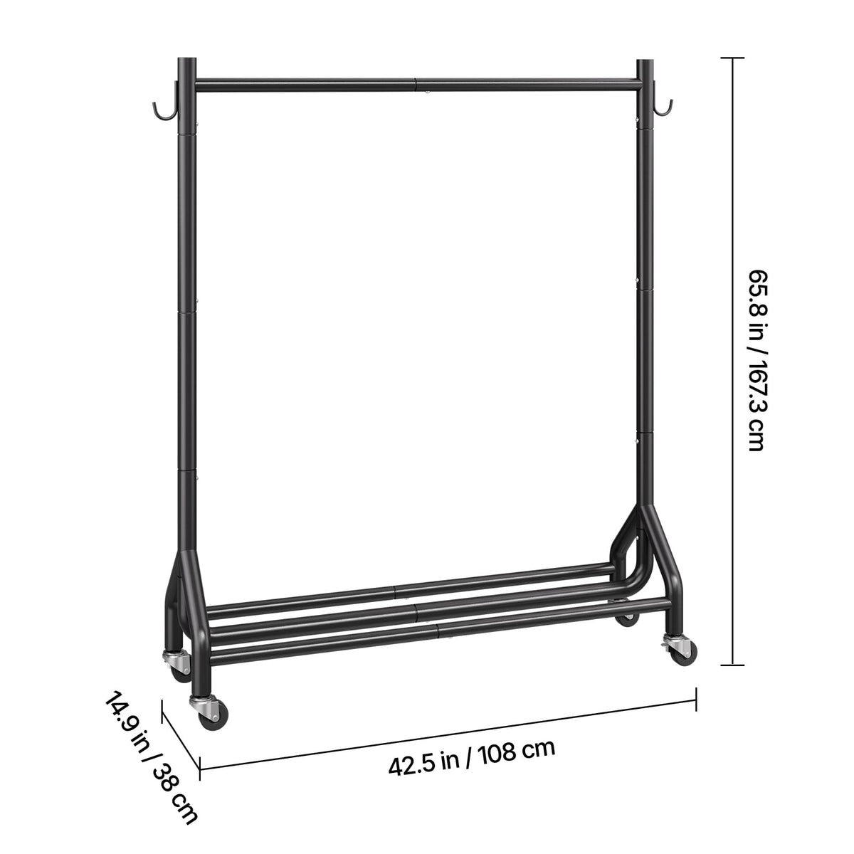 Rolling Clothes Rack - Black Carbon Steel, 198 lb Capacity for Living Room