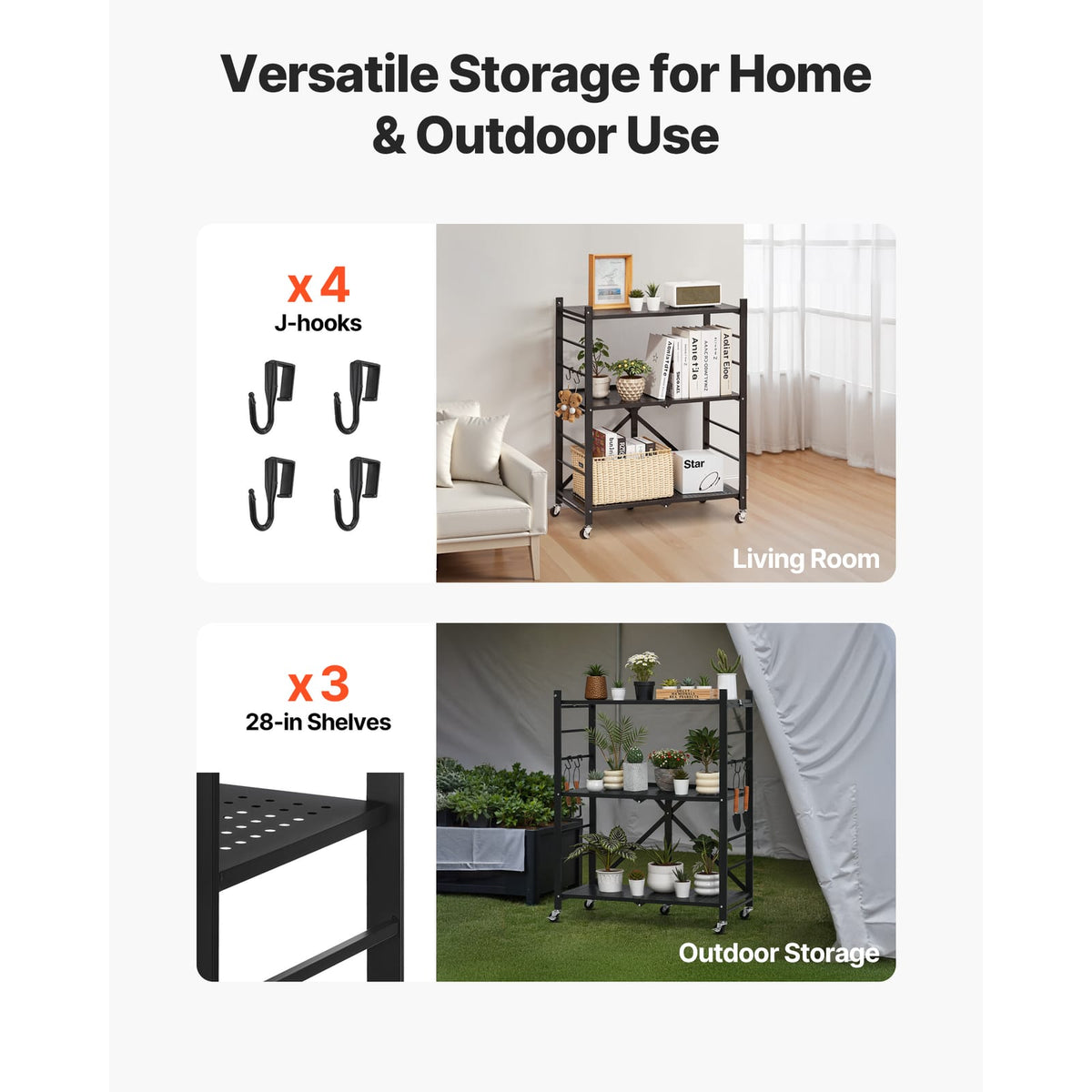 36 Inch Black Steel Folding Shelf with Wheels - 3 Tier Storage for Living Room