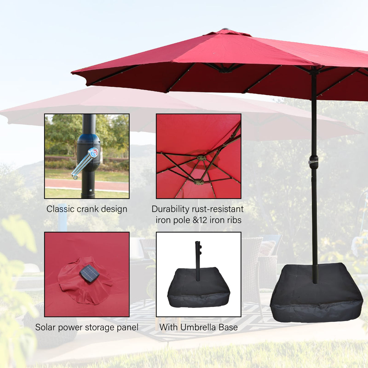 15ft Red Metal Patio Umbrella - Double Sided Shade