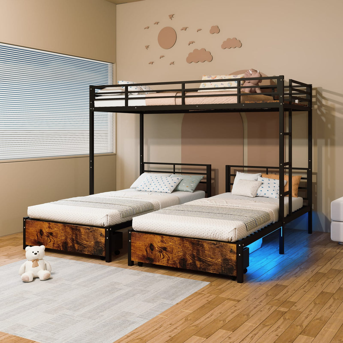 Triple Bunk Bed for 3 Kids - Metal, Black for Bedroom