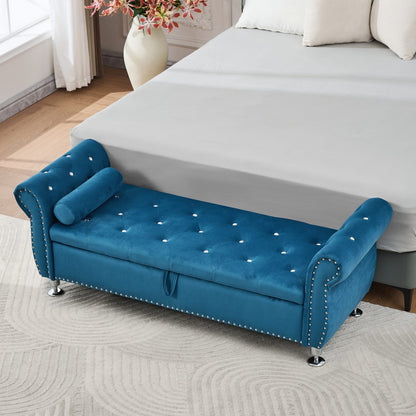 Eucalyptus Blue Velvet Storage Bench for Bedroom and Living Room