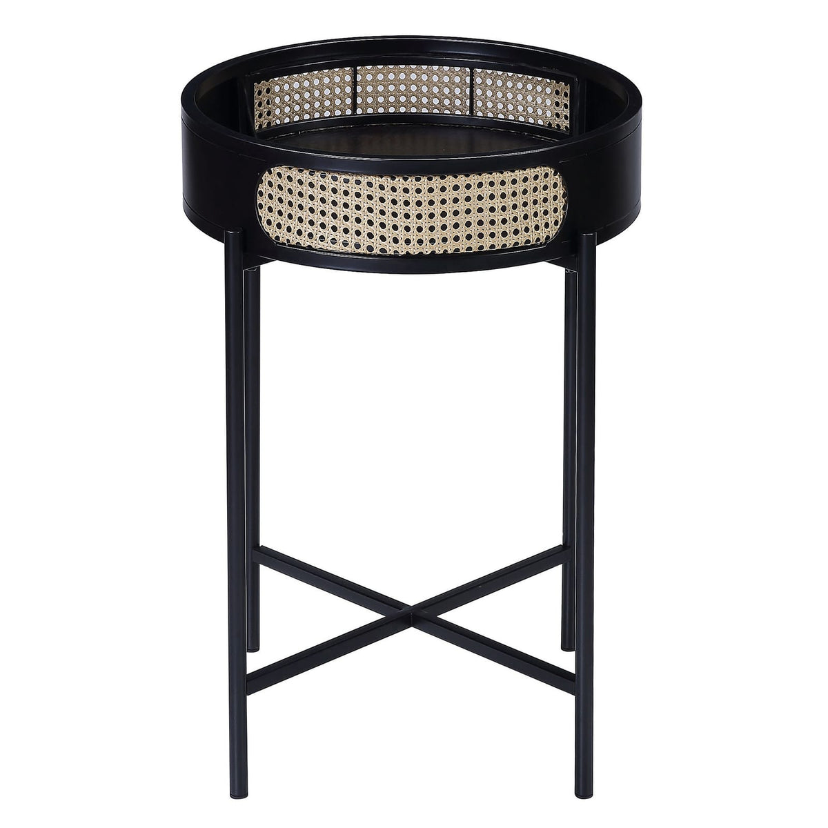 Round Black Wood Metal Nightstand Table