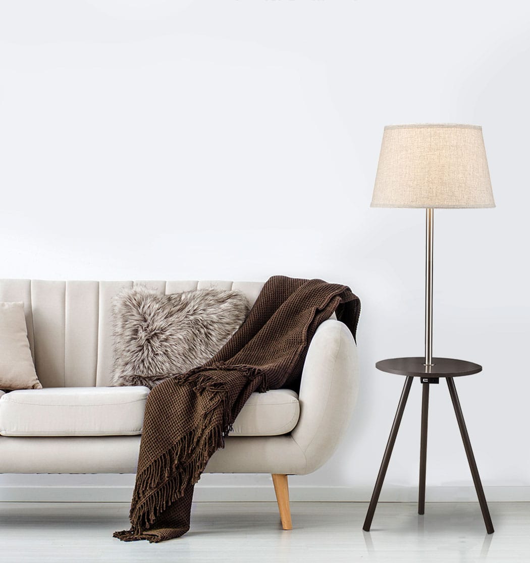 57" Round Sofa Side Table w/ Lamp and Power Station - Espresso Metal