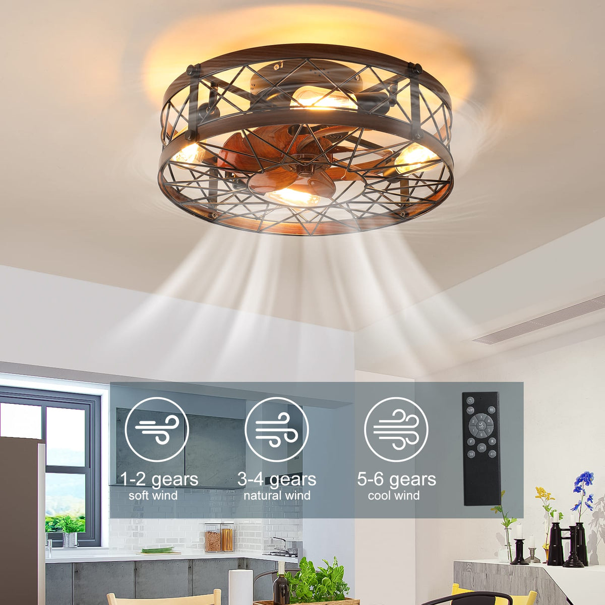 Black Caged Ceiling Fan Light - 20 Inch Farmhouse Style