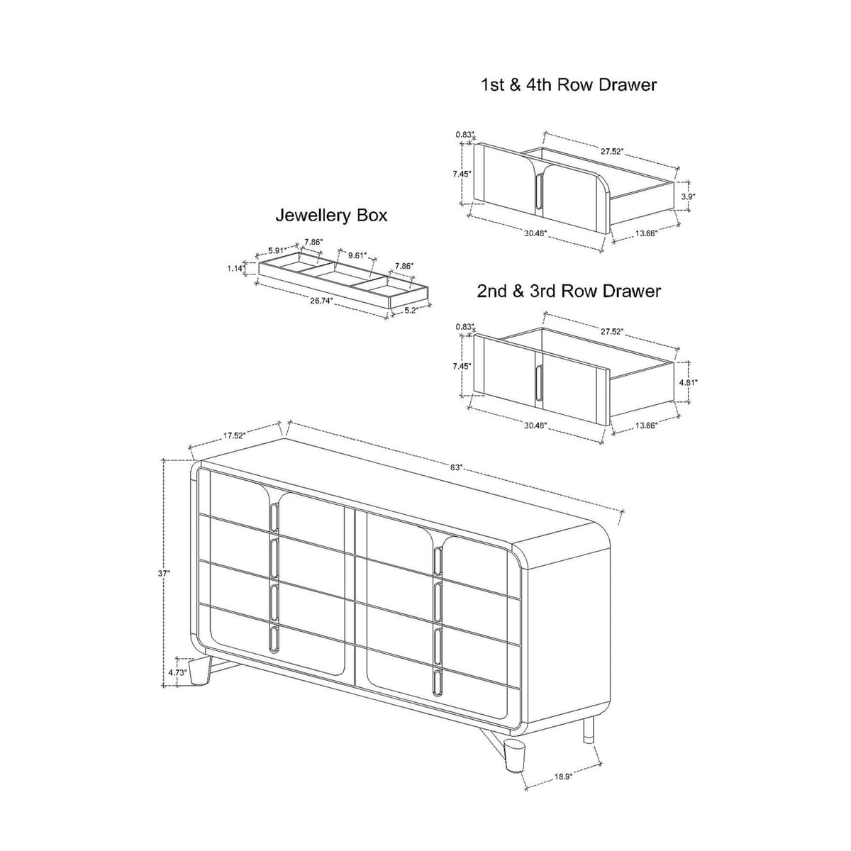 63" Beige Rubberwood Bedroom Dresser - Modern Style