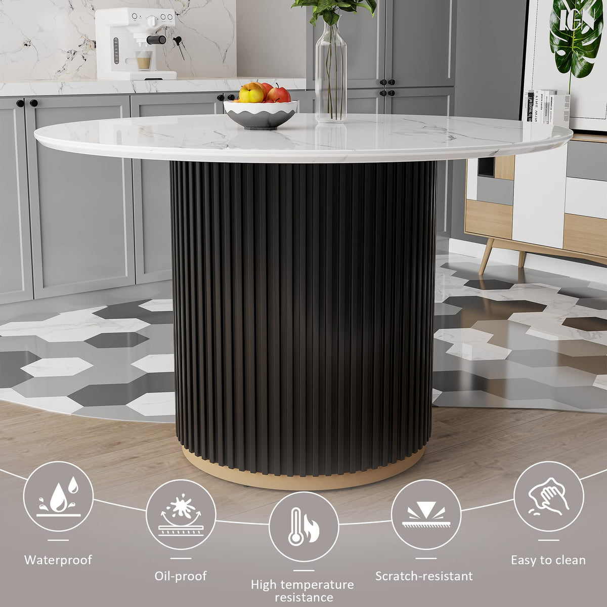 46 Inch Round Faux Marble Dining Table, Black Wave Metal Base - Accommodates 4 People