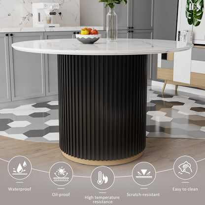 46 Inch Round Faux Marble Dining Table, Black Wave Metal Base - Accommodates 4 People