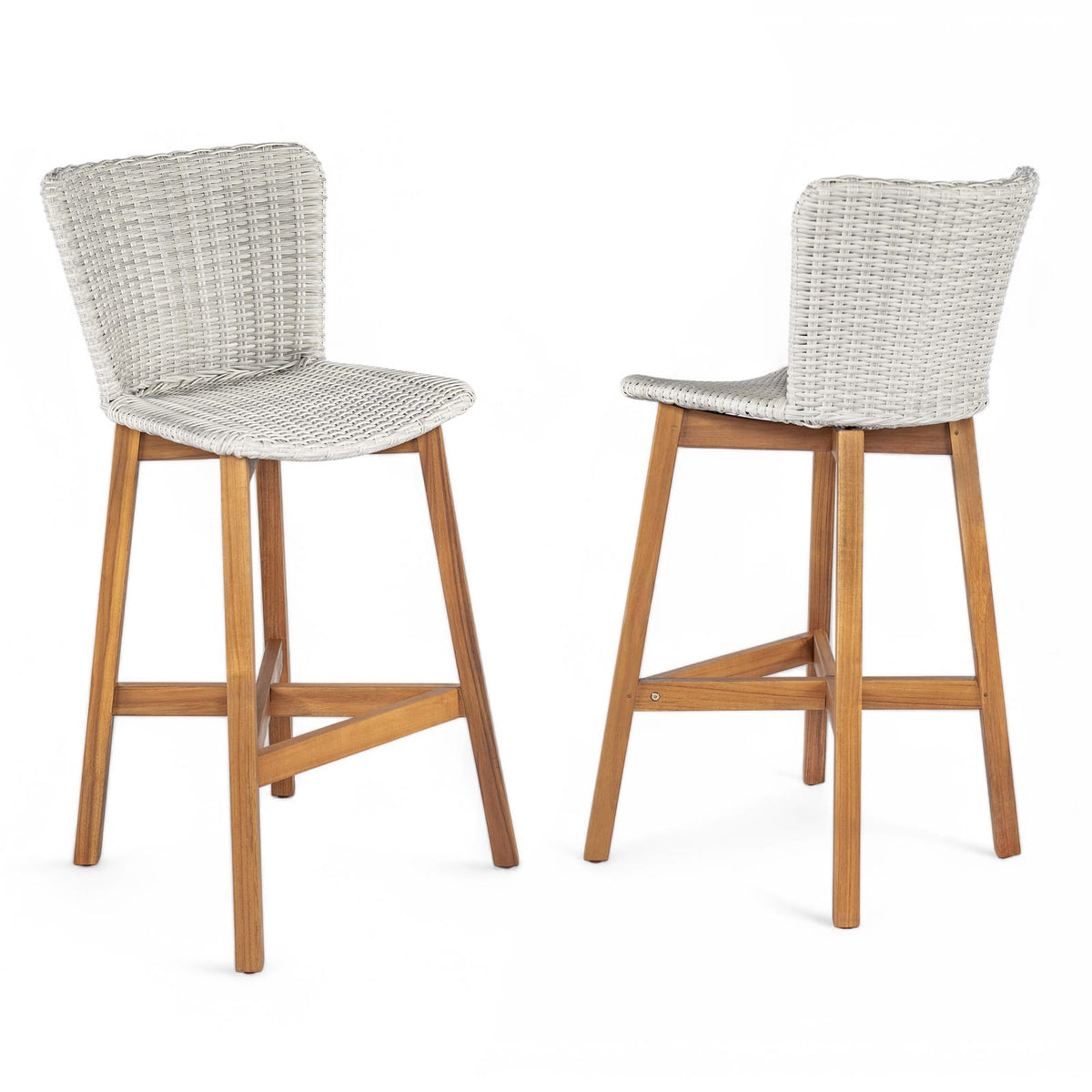 Lymington Outdoor Bar Stools - Teak & Light Grey Wicker, Set of 2