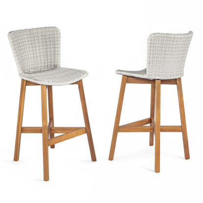 Lymington Outdoor Bar Stools - Teak & Light Grey Wicker, Set of 2