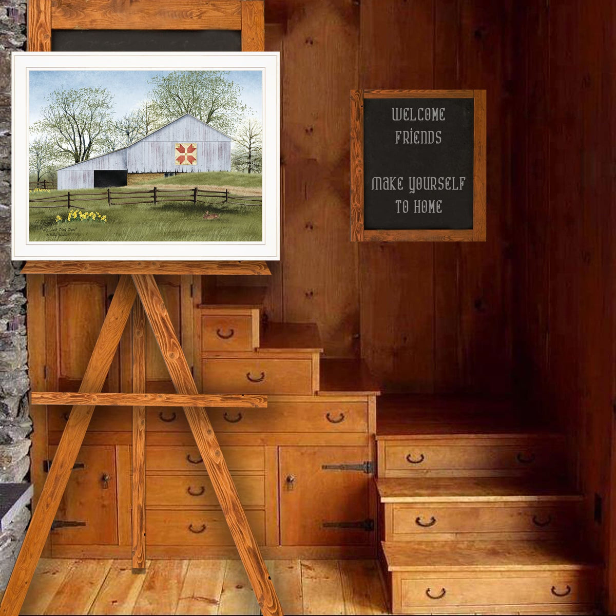 Ready to Hang Tulip Quilt Block Barn Print, White Frame