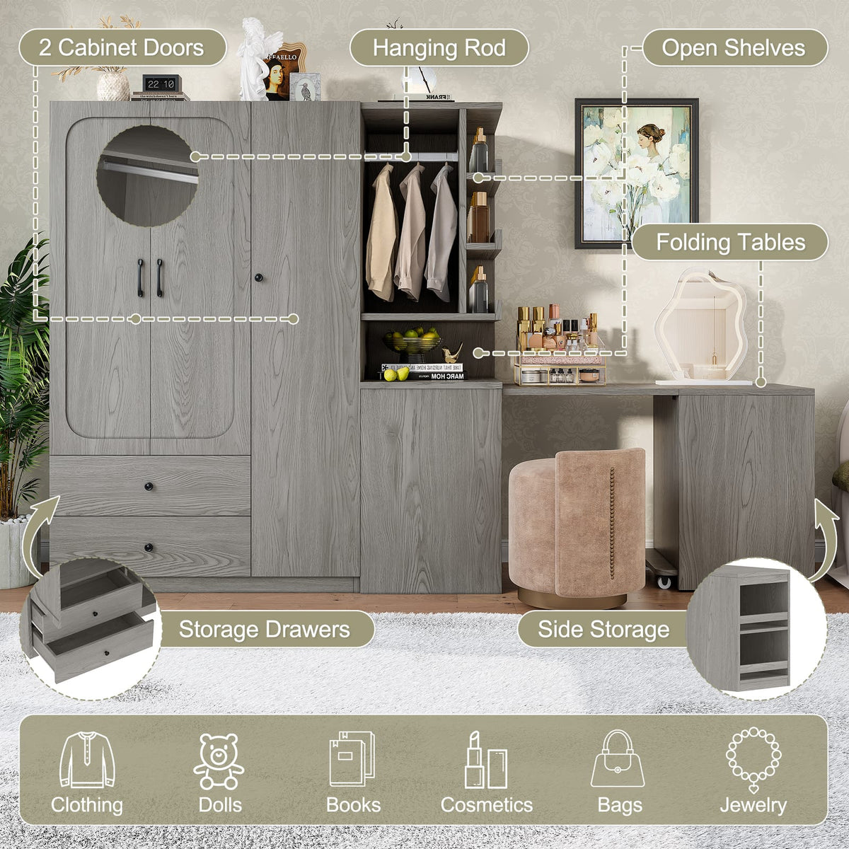 Gray Convertible Wardrobe with Foldable Desk - Bedroom Storage
