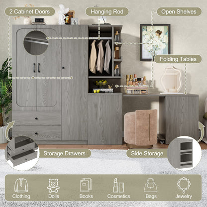 Gray Convertible Wardrobe with Foldable Desk - Bedroom Storage