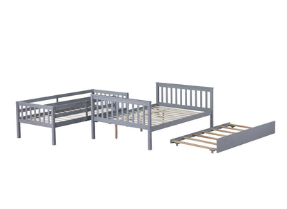 Twin Over Full Bunk Bed with Trundle - Grey Rubber Wood for Bedroom