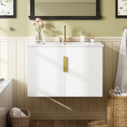 30" White Bathroom Vanity with Ceramic Sink - Storage Cabinet