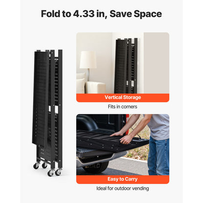 36 Inch Black Steel Folding Shelf with Wheels - 3 Tier Storage for Living Room
