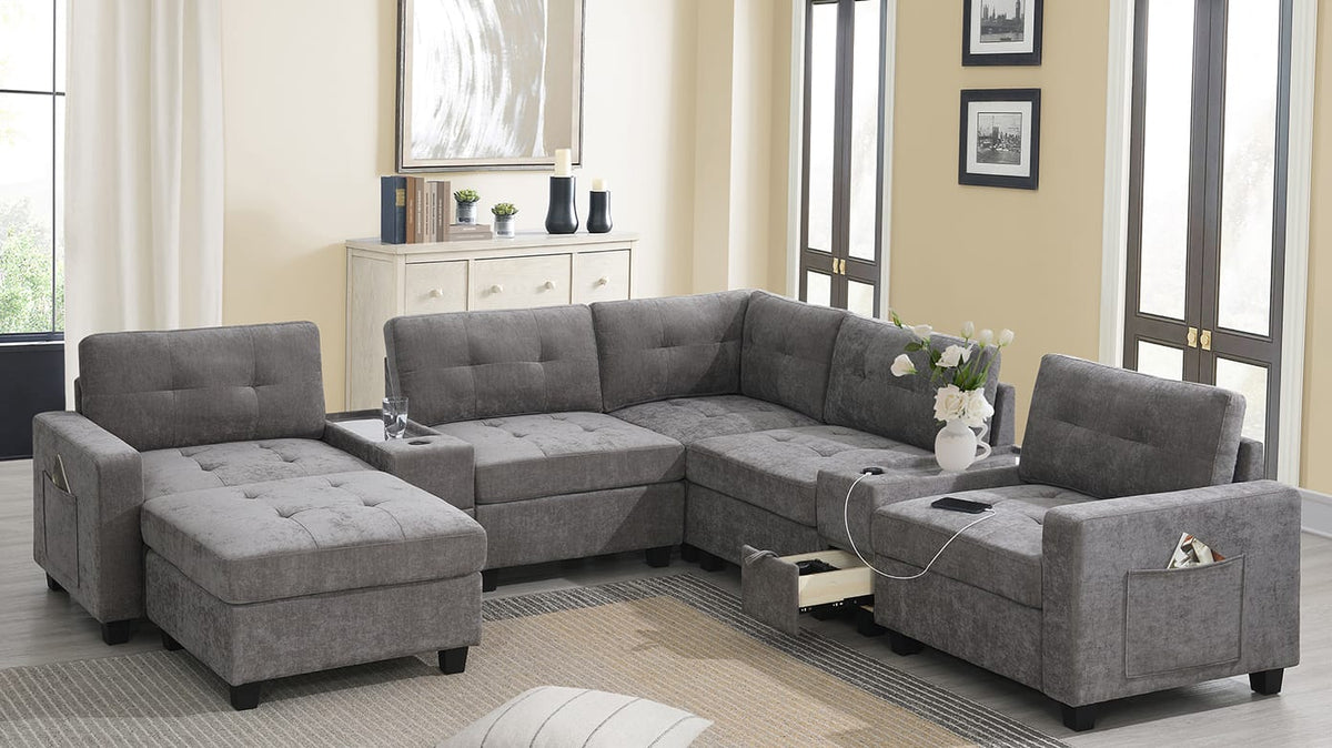 104'' Gray Chenille Sectional Sofa with Movable Ottoman