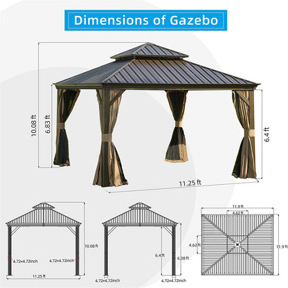 12'x12' Brown Aluminum Gazebo - Outdoor Patio Canopy
