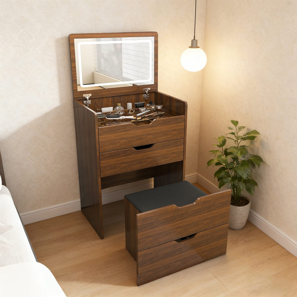 Walnut 3-in-1 Vanity Desk with Mirror and Stool for Storage for Bedroom