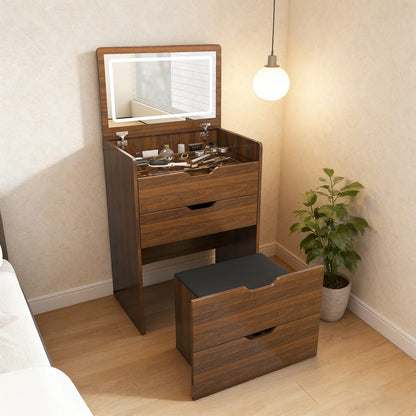 Walnut 3-in-1 Vanity Desk with Mirror and Stool for Storage for Bedroom