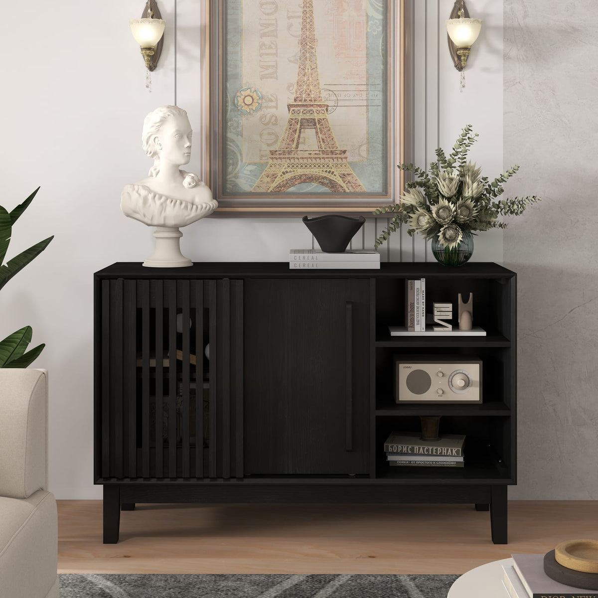 47.3" Farmhouse Sideboard Buffet - Black Wood MDF Storage Cabinet