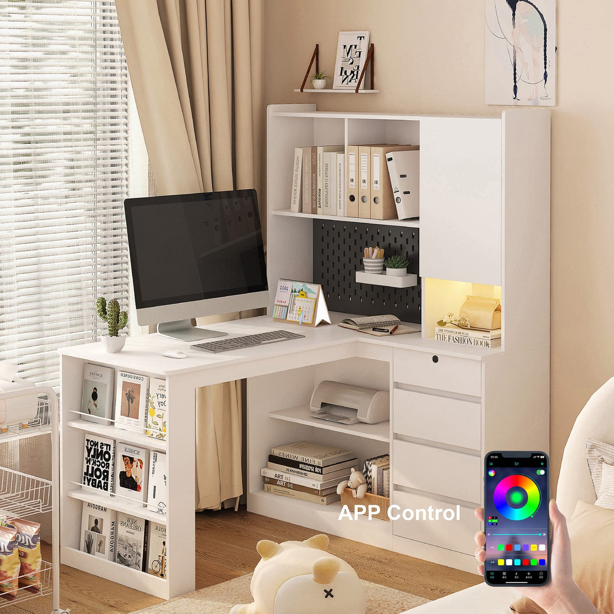 L-Shaped Desk with Charger - White Corner Office Desk