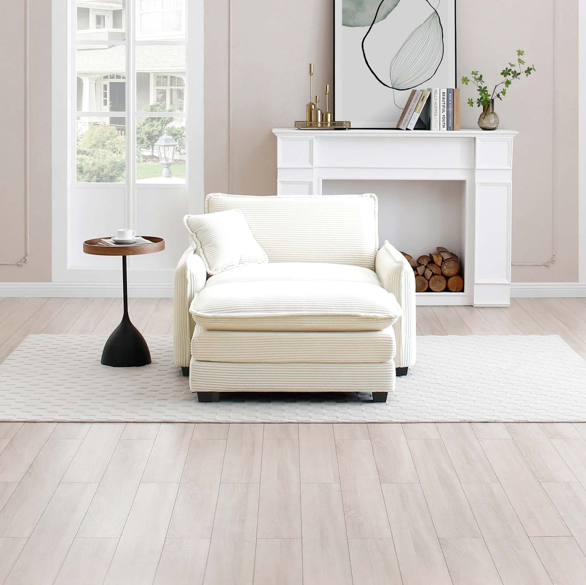White Corduroy Single Sofa with Footstool - Bedroom or Living Room