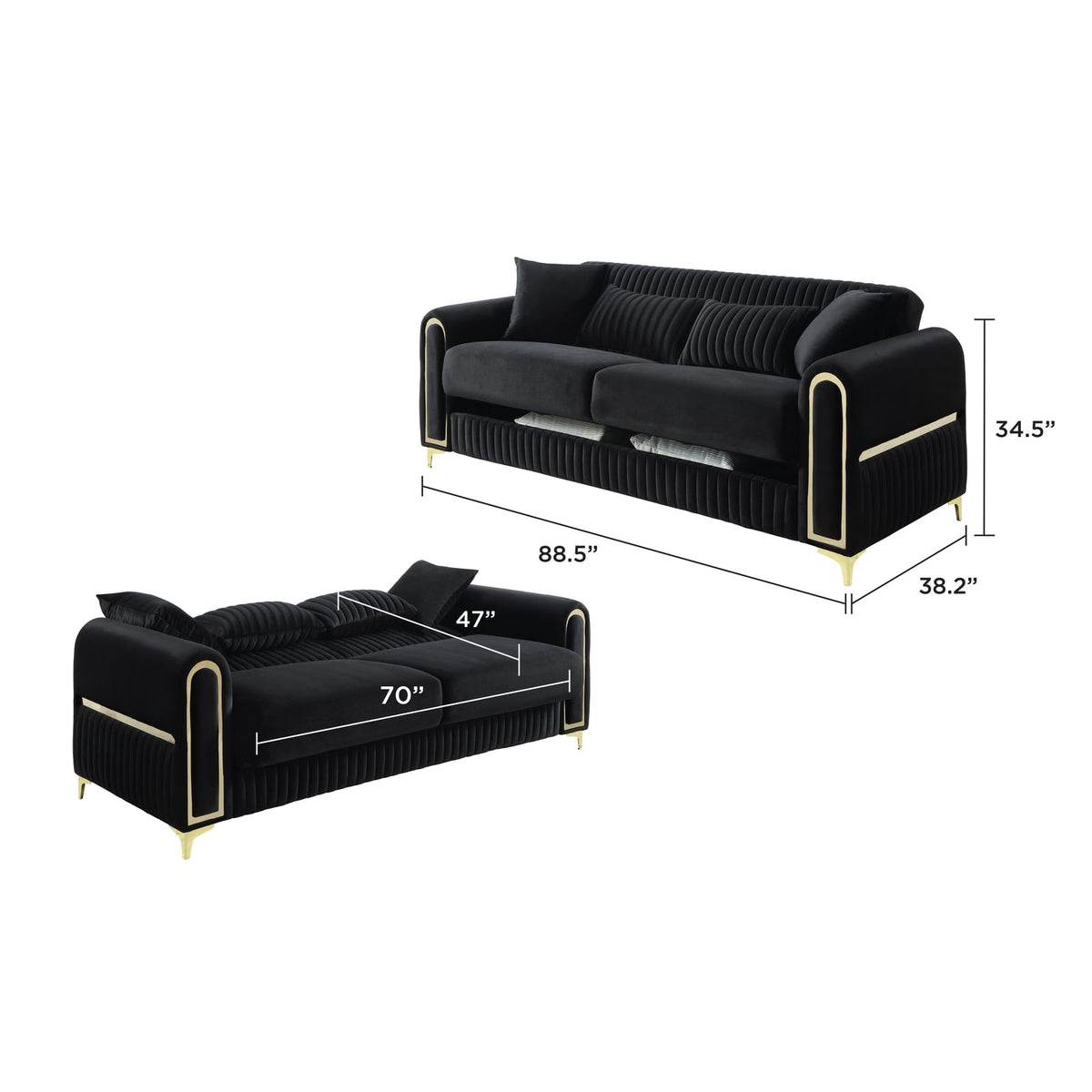 Black Polyester Upholstered Sofa - 88" Modern Sofa