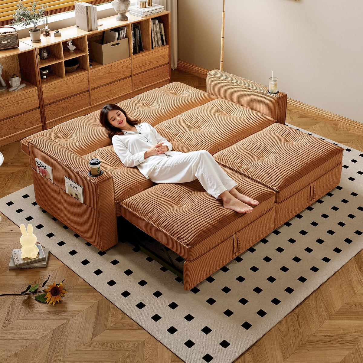 Orange Corduroy Sofa Bed - 2-in-1 Convertible Sofa for Living Room