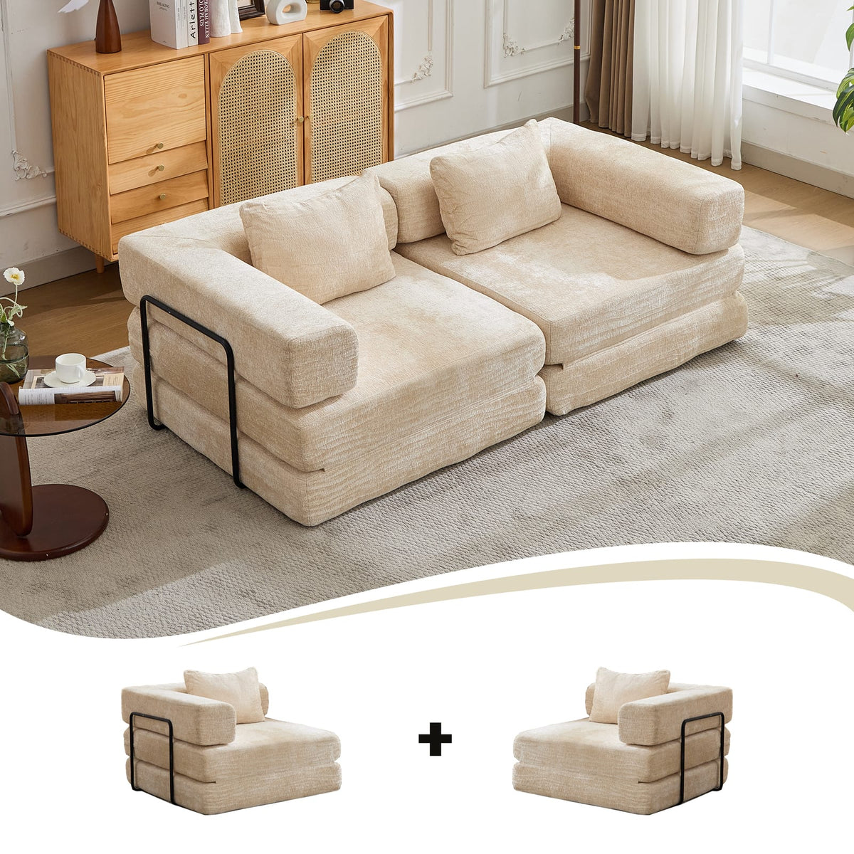 Beige Chenille Convertible Sofa Bed with Memory Foam for Guest Room for Living Room