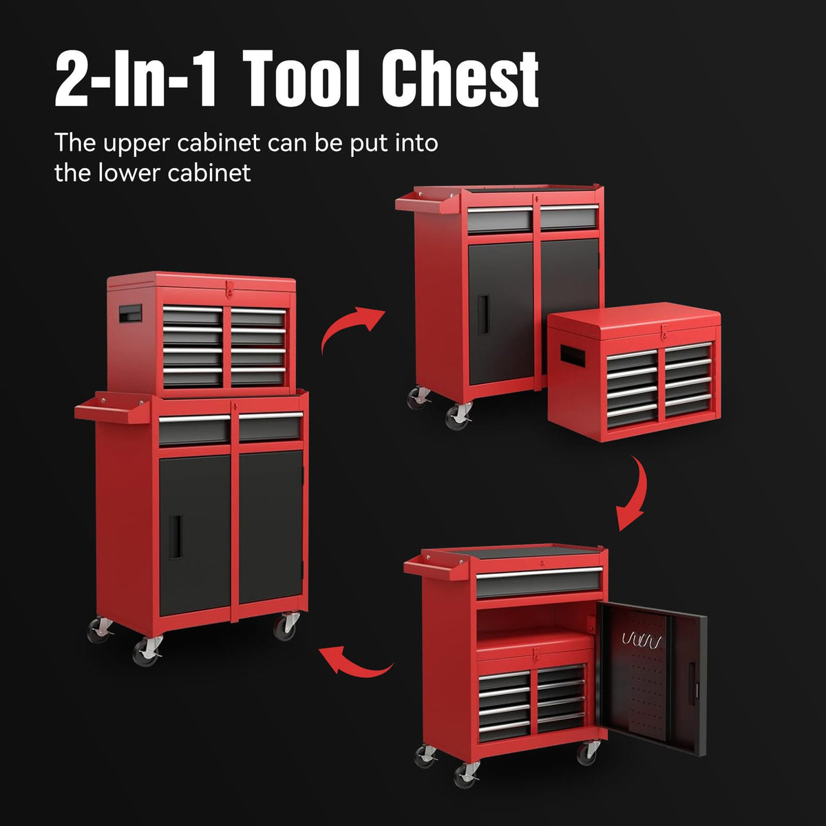 Red Steel Rolling Tool Chest with Detachable Storage Boxes for Garage