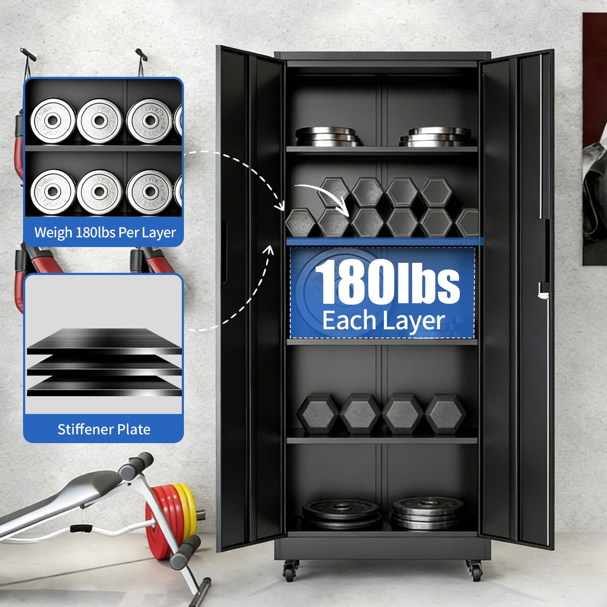 Heavy Duty Rolling Garage Cabinet - 3 Shelves, Black