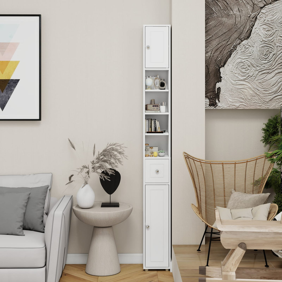 Tall Slim Bathroom Storage Cabinet - White MDF