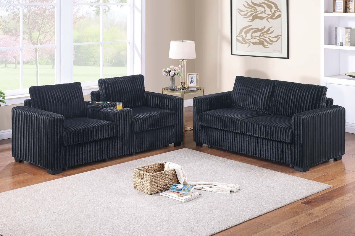 Modern Corduroy Sofa Set - 2-Piece Loveseat & Sofa Black for Living Room