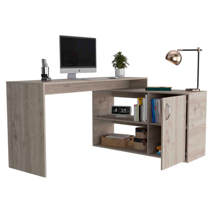 Modern Gray L-Shaped Computer Desk with Open Storage for Office