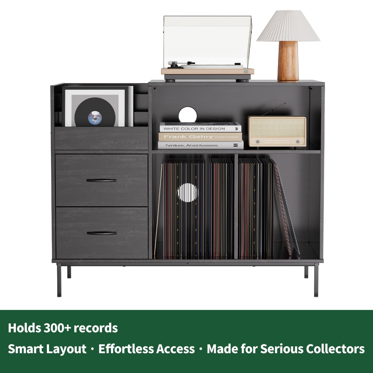 Black MDF Media Console with Storage for Record Player and Cables for Living Room