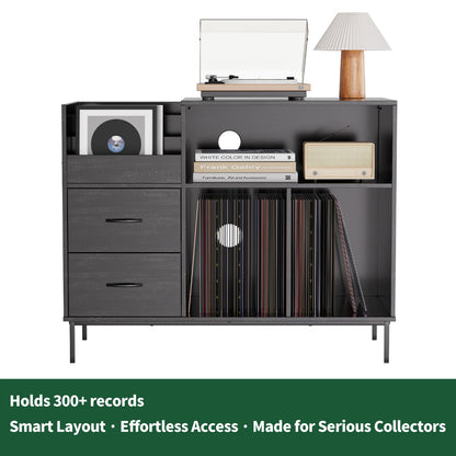 Black MDF Media Console with Storage for Record Player and Cables for Living Room