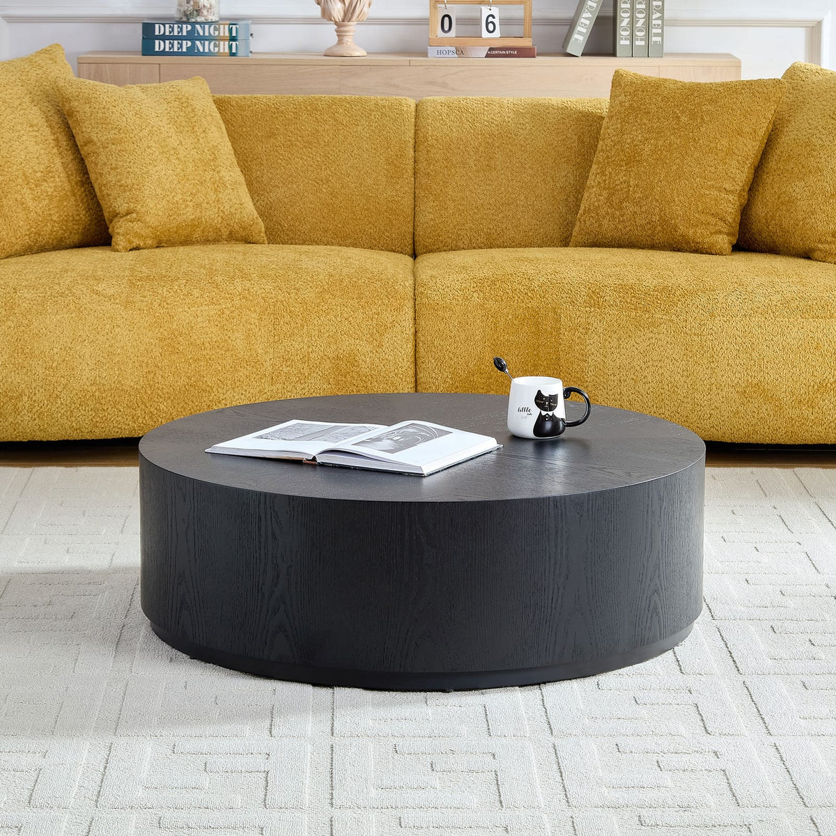 35.43 Inch Round Black Coffee Table - MDF Material for Living Room