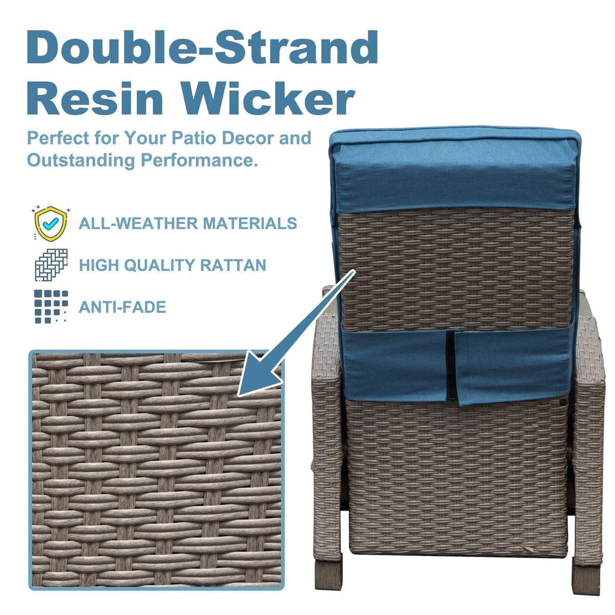 Blue Rattan Patio Recliner - Outdoor Lounge Chair