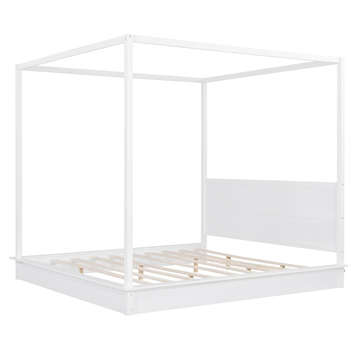 King Size Wood LED Canopy Bed - White Platform Bed No Box Spring