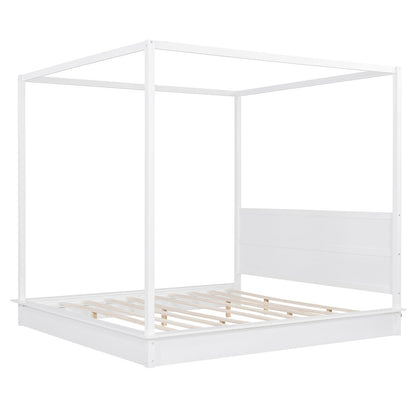 King Size Wood LED Canopy Bed - White Platform Bed No Box Spring