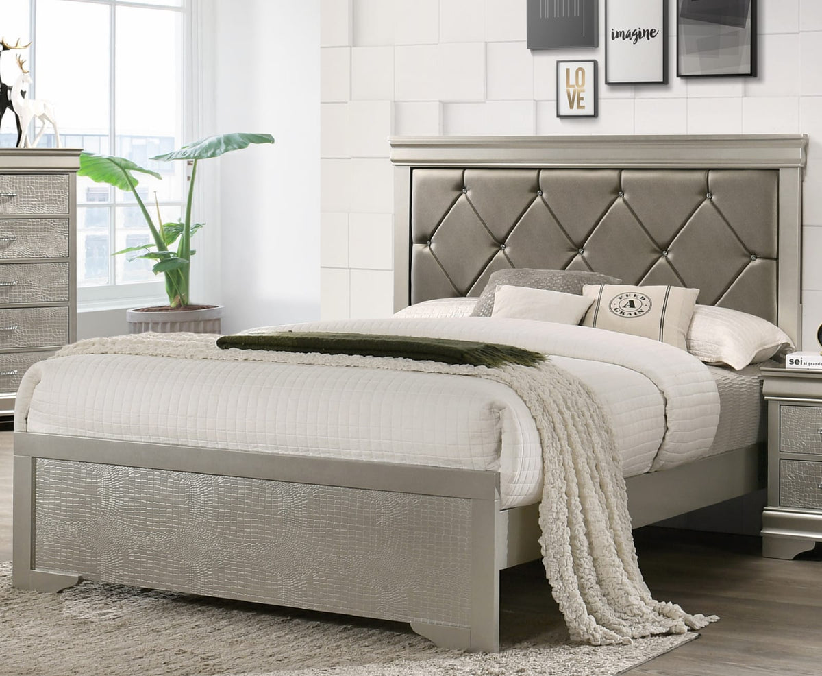 Queen Beige Modern Panel Bed - Wood Frame for Bedroom