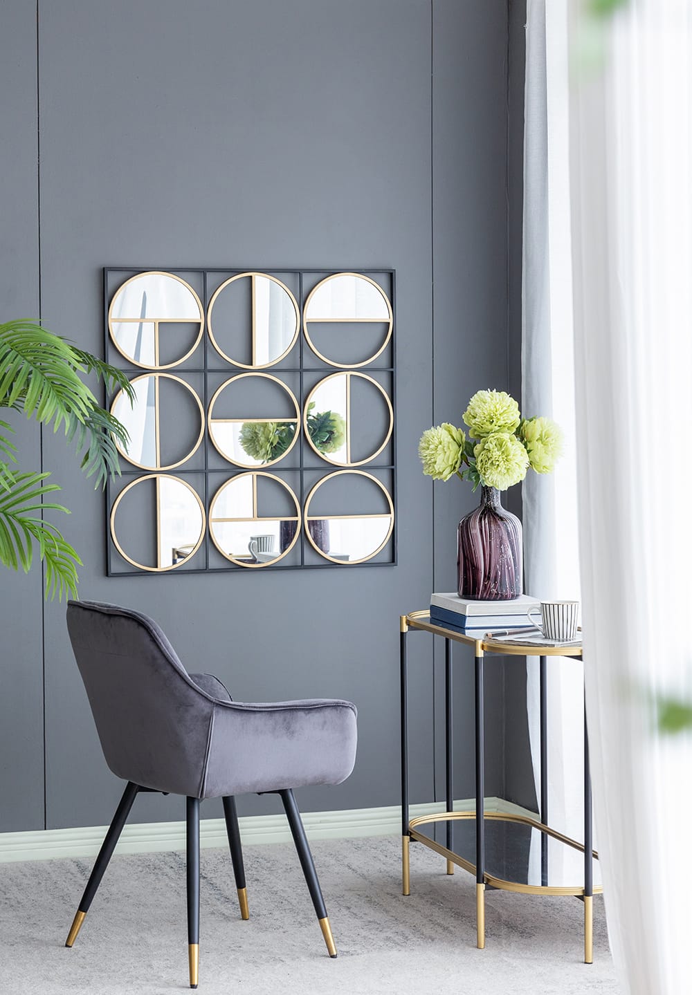 35.6" Golden Black Iron Beaded Wall Mirror - Bathroom Decor