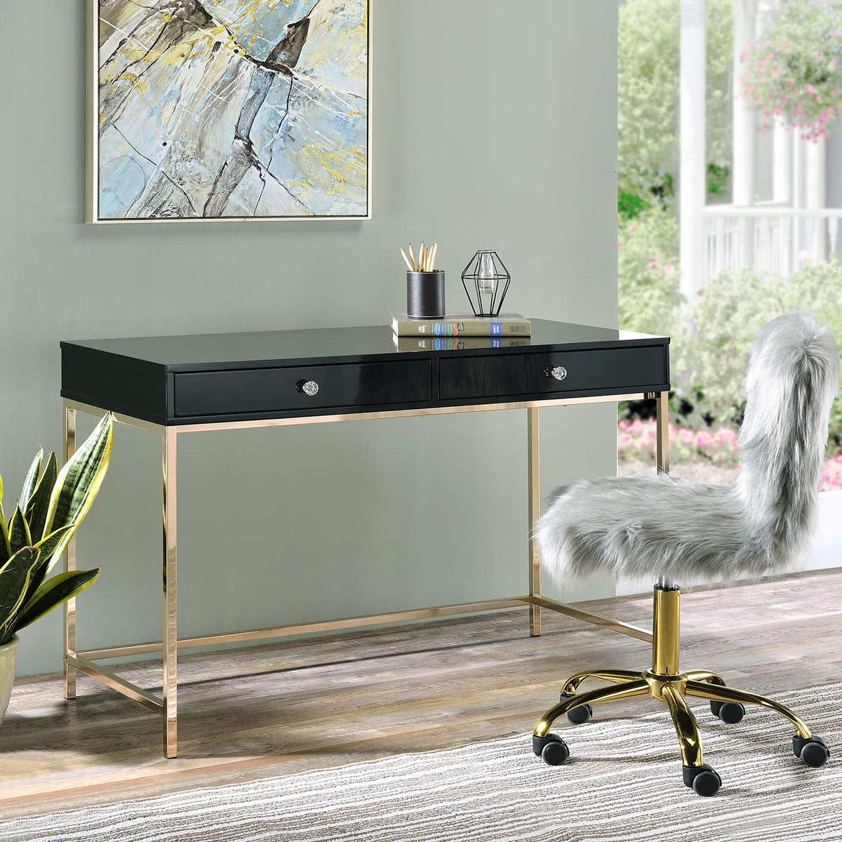 Black & Gold Writing Desk with 2 Drawers - Office Desk for Home Office